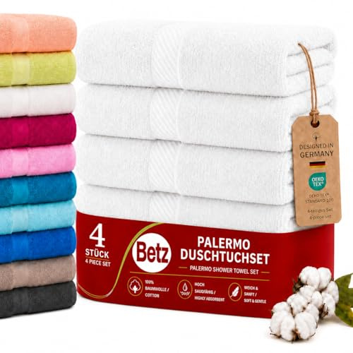 Betz 4 Stück Duschtücher Set Palermo Größe 70x140 cm 100% Baumwolle Badetuch Duschhandtuch Sporthandtuch Farbe weiß