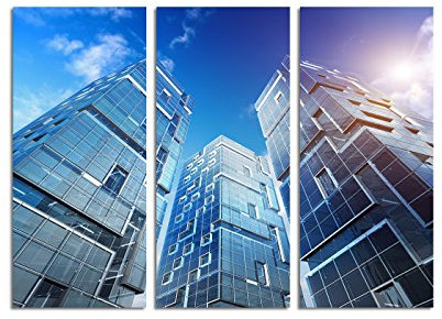 Paul Sinus Art 130x90cm – Keilrahmenbild Hochhäuser Wolkenkratzer Modell blauer Himmel 3teiliges Wandbild auf Leinwand und Keilrahmen - Fotobild Kunstdruck Artprint