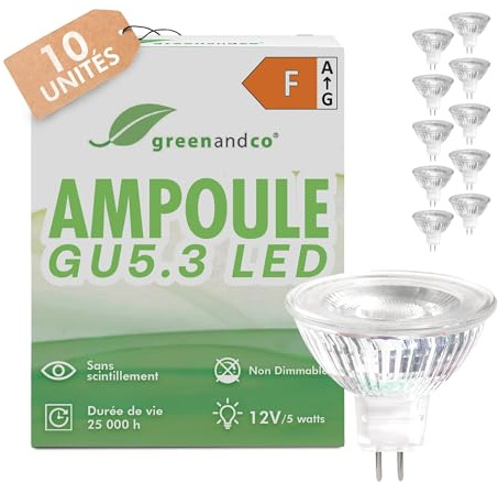 greenandco 10x MR16 GU5.3 | sostituisce 40W | bianco caldo 3000K | 5W 430 lm | 38° | senza sfarfallio | COB LED spot | 12V AC/DC | non dimmerabile