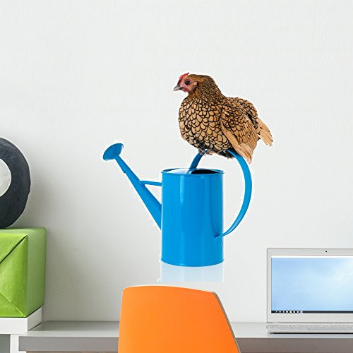 Wallmonkeys Bantam Chicken on Blue Watering Can Wall Decal Peel and Stick Graphic WM312496 (18 in H x 12 in W)