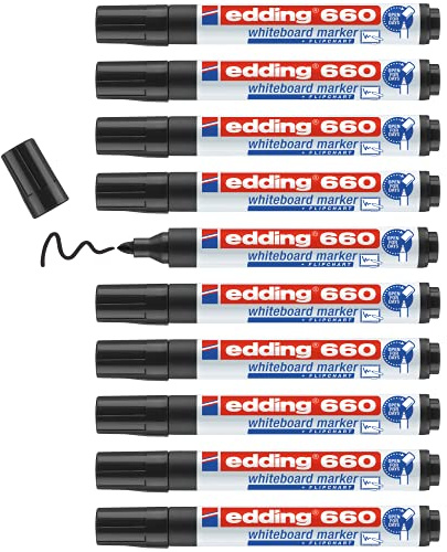 edding 660 Marqueur pour tableaux blancs - noir - 10 stylos - pointe ronde 1,5-3 mm - feutre effaçable - pour tableaux blanc, magnétique, mémo et chevalet de conférence - sketchnotes - rechargeable