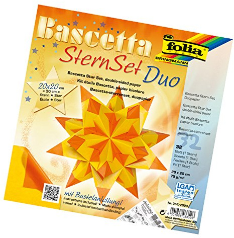 folia 314/2020 - Bastelset Bascetta Stern Duo gelb/orange, 32 Blatt, 20 x 20 cm, fertige Größe des Papiersterns ca. 30 cm, mit ausführlicher Anleitung - ideal zur zeitlosen Dekoration