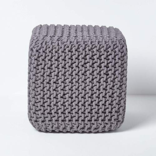 Homescapes gestrickter Sitzhocker Sitzwürfel grau, Strick Sitzpuff 35 x 35 x 35 cm, Strickhocker mit grob gestricktem Bezug aus 100% Baumwolle, Füllung aus 100% Polystyrol