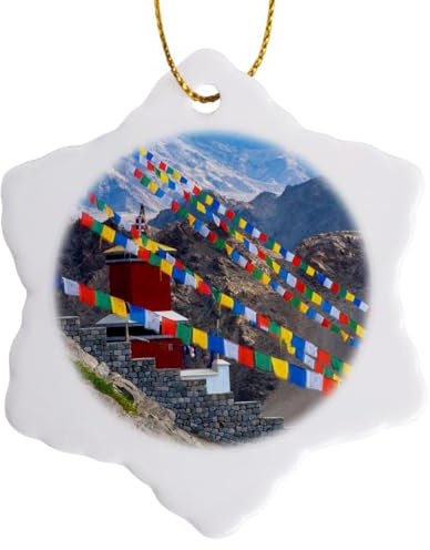 3 inch Snowflake Porcelain Ornament - Jammu and Kashmir, Ladakh, Prayer Flags at Thiksey Monastery Ellen Clark - Flags