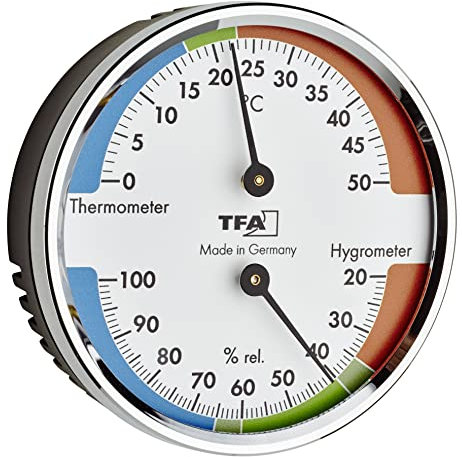 TFA Dostmann Thermo-hygromètre analogique, 45.2040.42, pour le contrôle de la température et de l'humidité, climat intérieur sain, avec zones de confort, argenté