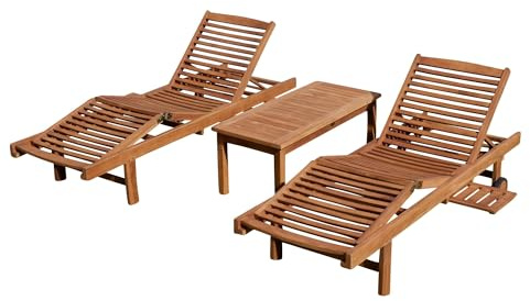ASS 2X Hochwertige Teak Sonnenliege Gartenliege Strandliege Liegestuhl Holzliege Holz sehr robust Modell: Cozy+ 1x Beistelltisch Coco 110x50cm von