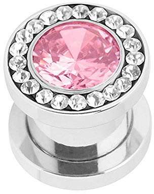 Piercingfaktor Flesh Tunnel Ohr Piercing Plug Ohrpiercing Schraub Edelstahl Multi Zirkonia Kristall 6mm Pink Clear