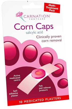 Carnation Footcare Corn Caps x 10, all-in-one, Salicylic Acid paste with soft felt corn ring. Relieves pressure and pain. One step application.