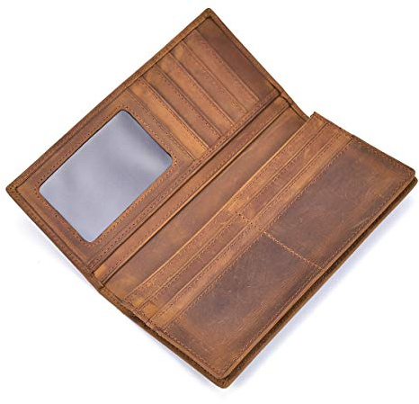 LUUFAN Portafoglio lungo in vera pelle da uomo con tasca con cerniera Vintage Bifold Borsa da libretto degli assegni (Brown 2)