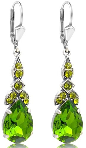Jugendstil Ohrhänger Silber Grün mit Markenkristallen Olivine Tropfen SCHMUCK