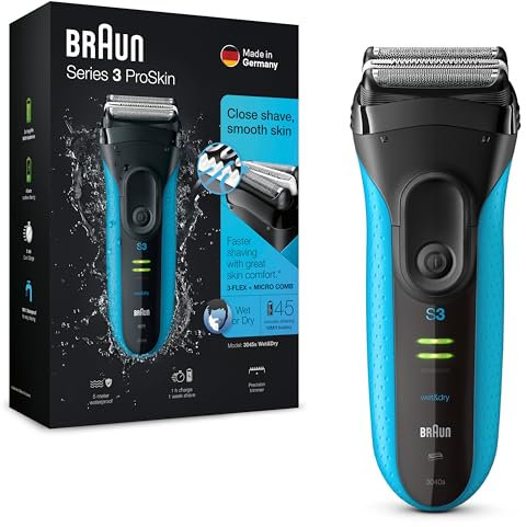 Braun Series 3 ProSkin Elektrorasierer mit Präzisionstrimmer, Rasierer Herren Elektrisch, elektrischer Rasierer, Wet&Dry, rasierapparat, trockenrasierer, Made in Germany, 3040s, schwarz/blau
