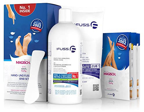Mr. Fuss® No. 1 - Plus Pack Basic - Groß, Nagelhaut- Hornhautentferner Sparpaket 3 tlg. Aktiv-Lösung Schnell & Stark erweichend - 500 ml, Watte, Schaber