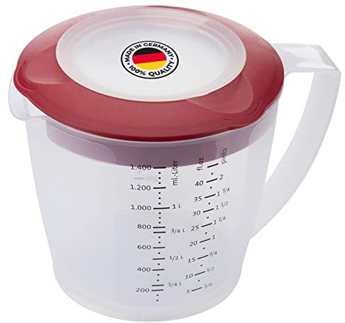 Westmark Rührbecher/Messkanne mit Spritzschutz, Deckel und Ausgießer, Kunststoff, Füllvolumen: 1,4 Liter, Helena, Transparent/Rot, 3105227R