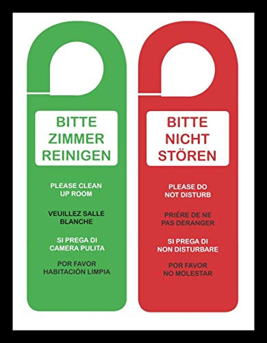 12 Stück Türschild Türhänger BITTE ZIMMER AUFRÄUMEN, BITTE NICHT STÖREN, DO NOT DISTURB, PLEASE CLEAN UP ROOM, 5 Sprachen, Deutsch, Englisch, Französisch, Italienisch und Spanisch, beidseitig bedruckt und folienkaschiert, Größe 10,2 x 28 cm