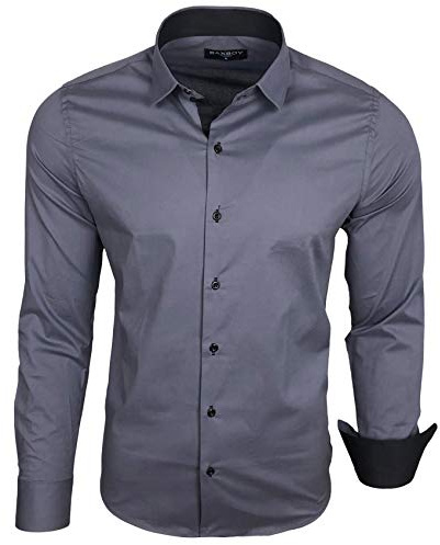 Baxboy Camicia da uomo a maniche lunghe, Slim Fit, facile da stirare, per lavoro, tempo libero, matrimonio/Con colletto Kent, modello B-500, antracite., L