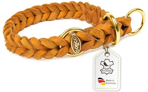 CopcoPet Hundehalsband Würger 25–30 cm x 15mm Cognac – Geflochtenes Halsband mit Zugstopp & Messing Ring – Aus robustem Fettleder – Für kleine Hunde – Weiches Lederhalsband fürs Training