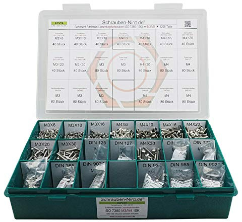 Sortiment M3 + M4 ISO 7380-1 Edelstahl A2 (V2A) Flachrundkopfschrauben Innensechskant - Set bestehend aus Schrauben, Unterlegscheiben (DIN 125, 127, 9021) und Muttern (DIN 934, 985) - 1200 Teile