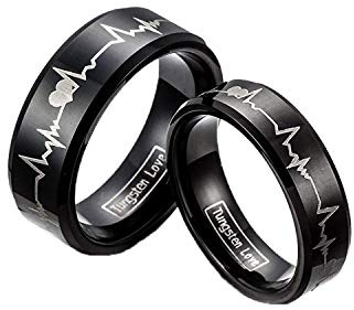 JewelryWe Schmuck 1 Paar Wolfram Wolframcarbid Herzen & Herzschlag Partnerringe Freundschaftsringe Eheringe Trauringe Verlobungsringe Band, Schwarz