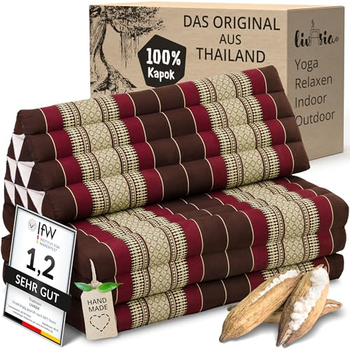 livasia Thaikissen 3 Auflagen für Paare XXL - 190x80x8cm - Dreieckskissen Klappmatratze, extrabreit Kapok, Rückenkissen faltbar, Thaimatte zum Klappen, Meditationskissen (Weinrot)