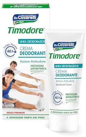 Timodore, Crema Desodorante 48h, Ideal para Casos de Hipertranspiración de los Pies, Efectiva durante 48 Horas, Protección Antibacteriana, 100% Made in Italy, Dermatológicamente Testada, 50 ml