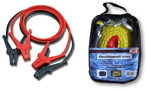 AEG Starthilfekabel Alu-Tec, für 12 Volt und 24 Volt, in Aufbewahrungstasche, 2 x 3m, erfüllt DIN 72553 und CG Car Professional 570307/96096 Abschleppseil, 5000 kg, Sortiert