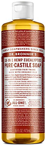 Dr Bronner's 18-in-1 Eucalyptus Pure Castile Liquid Soap, Made with Organic Oils, Used for Face, Body, Hair, Laundry, Pets and Dishes, Certified Fair Trade & Vegan Friendly, 473ml Recycled Bottle