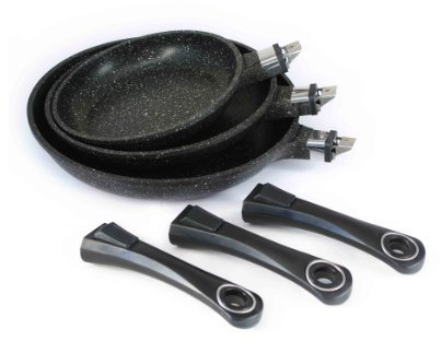 Pradel Excellence - P0001640 - Lot de 3 Poêles en Fonte d'Aluminium Premium Ø20,24,28cm - Revêtement Anti-Adhésif Façon Pierre - Manches Amovibles - Tout Feu