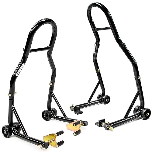 Venom Motorcycle Stand Lift, Front & Rear Combo, Universal Paddock Lift Stand, Front Wheel Fork Stand Rear Wheel Swingarm Paddle Stand, Compatible With Most Yamaha Honda Kawasaki Suzuki BMW Motorcycle