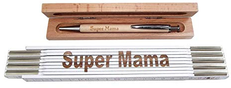 Zollstock und Holzkugelschreiber mit Lasergravur - Super Mama
