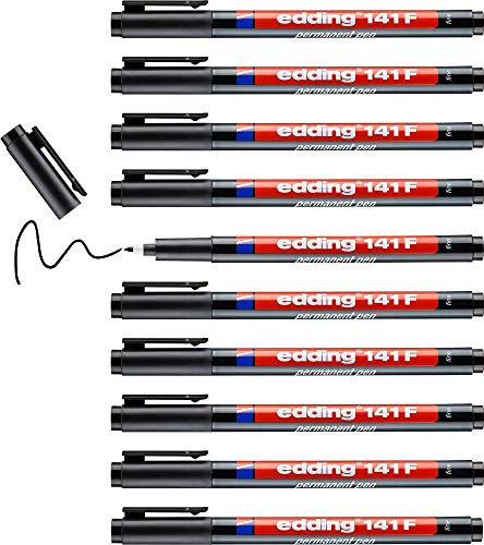 edding 141 F Permanenter Folienschreiber - schwarz - 10 Stifte - Rundspitze 0,6 mm - Stift zum Schreiben auf Glas, Kunststoff, Folien und glatten Oberflächen - schnelltrocknend,wisch- und wasserfest