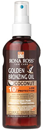 Rona Ross Sun Care | Golden Bronzing Oil Spray | Sunshield Tanning SPF10 | Tan Accelerator | Contains Coconut, Carrot Oil & Vitamin E
