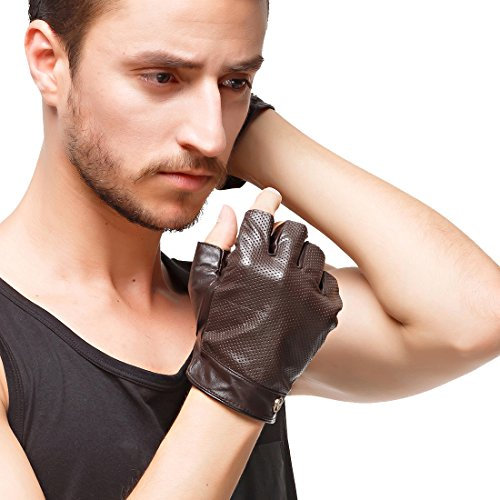 Nappaglo Herren Fingerlose Lederhandschuhe Lammfell Halbfinger für fahren Radfahren Outdoor Ungefüttert Handschuhe (XXL (Umfang der Handfläche:24.1-25.4cm), Braun)