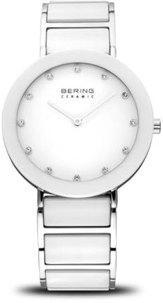 BERING Damen Quarz Uhr | Armbanduhr 35 mm silbernes Edelstahlgehäuse und weißes Zifferblatt | Edelstahlband mit Keramikelementen | 3 ATM | 11435-754