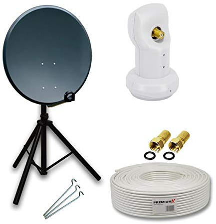 PremiumX Camping Satelliten-Komplettanlage 60cm Aluminium Satellitenschüssel SAT Single LNB 10m Kabel F-Stecker Dreibein-Stativ