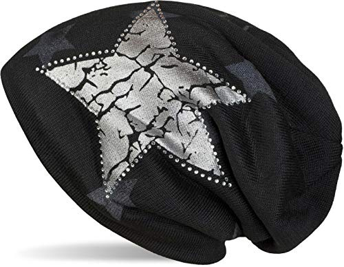styleBREAKER Beanie Mütze mit All Over Stern Muster, Vintage Stern Print, Strass Rand und sehr weichem Innenfutter, Unisex 04024097, Farbe:Schwarz