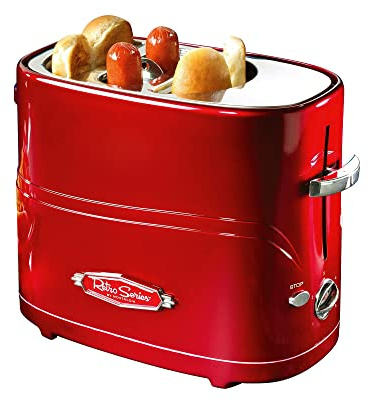 Nostalgia 2 Slot Hot Dog and Bun Toaster with Mini Tongs, Retro Hot Dog Toaster, Hot Dog Cooker that Works with Chicken, Turkey, Veggie Links, Sausages and Brats, Metallic Red