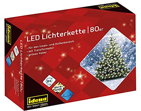 Idena 8325058 - Guirlande lumineuse avec 80 LEDs en blanc chaud, avec fonction minuterie 8 heures et transformateur, pour usage intérieur et extérieur, pour les fêtes, Noël, décoration, mariage