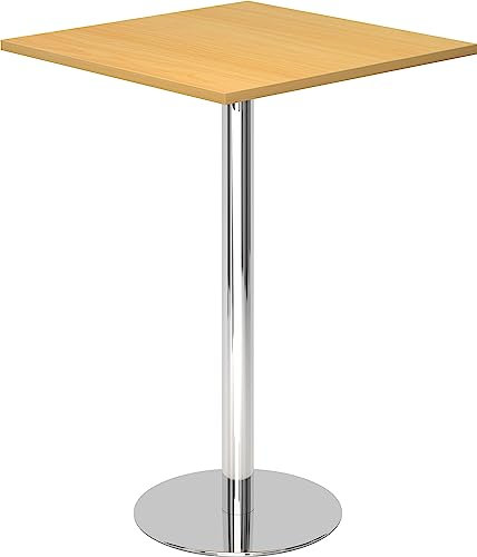 bümö Stehtisch Büro, Bistrotisch eckig 80 x 80 cm - Bartisch Buche, Stehtisch Holz-Platte, Säule aus Metall verchromt, Buffettisch, Säulentisch, Partytisch, Thekentisch, Hochtisch, Barmöbel