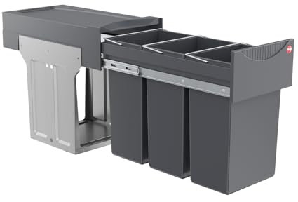 Hailo Abfallsammler Tandem 3666131 | für Schränke ab 30 cm Schrankbreite mit Drehtür | Einbau Mülleimer 3x 10L | Vollauszug 3fach auf Teleskopschienen | Anthrazit