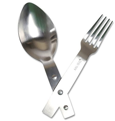 Mil-Tec 1x Göffel (Kombination aus Löffel und Gabel) Essbesteck, Edelstahl, Silber, Lässig, Poliert, Zusammenklappbar, Outdoor, Camping, Reise, Spülmaschinenfest