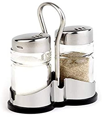 Pimentero y salero APS Economic, 2 piezas con recipiente de acero inoxidable Pimentero y salero, recipiente de cristal transparente con tapa de acero inoxidable y tapón de rosca, 8 x 4 cm, 13 cm de altura