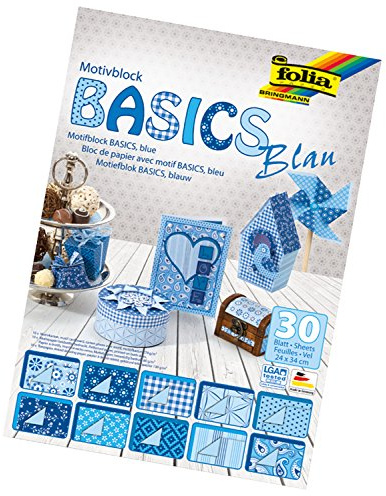 folia 46449 - Motivblock Basics blau sortiert, 24 x 34 cm, 30 Blatt, 10 x Motivkarton, 10 x Motivpapier, 10 x Tonpapier, für vielfältige Bastelarbeiten