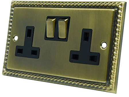 Georgian Antique Brass 2 Gang Socket - 13 Amp Double Electrical Plug Socket