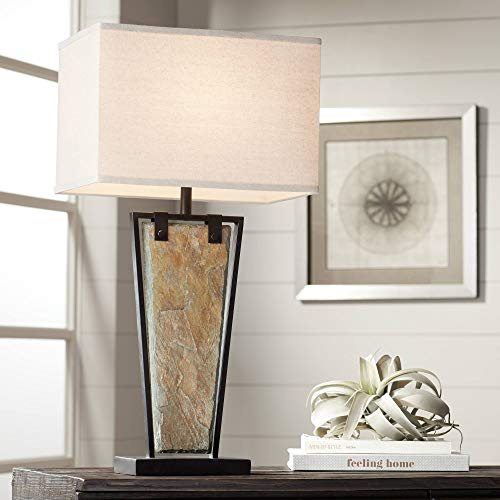 Franklin Iron Works Zion Rustic Farmhouse Table Lamp 30 Tall Natural Slate Bronze Tapered Metal Frame Rectangular Shade for Living Room Bedroom House Bedside Nightstand Home Office Entryway Family