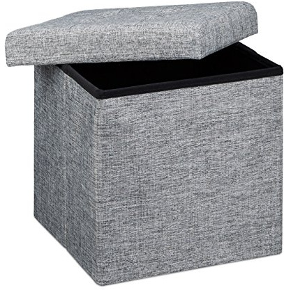 Relaxdays hopfällbar pall i linnetyg, fotpall, sittpuff, förvaringslåda med lock, sittpall 38x38x38cm, grå