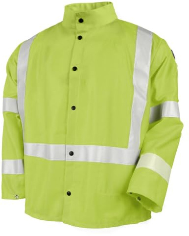 Black Stallion (JF1012-LM Safety Welding Jacket, 9 oz Flame Resistant Cotton, 2-Inch Silver Reflective Tape, Stand-Up Welder's Collar, 2X-Large, Safety Lime Green