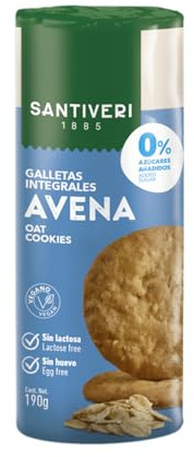 SANTIVERI - Galletas Avena Integrales, 0% Azúcares añadidos - Con Fibra Prebiótica - Sin Huevo, Sin Lactosa, Sin Grasa de Palma, Alto Oleico - Veganas - 190g