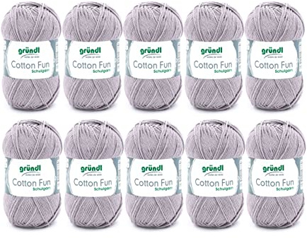 Gründl Wolle Cotton Fun Häkelgarn 10 Knäuel 50 g, Hellgrau | Wolle zum Häkeln - Strickgarn - Häkelgarn - Pflegeleicht und hautfreundlich - 100 % Baumwolle - 50 g / 115 m - Nadelstärke 3