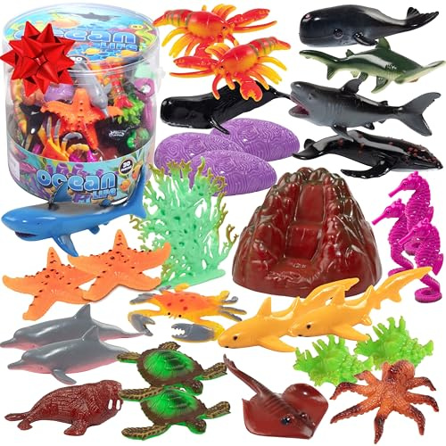 Ocean Animal Toy Figures Set (30PCS)– Marine Life Sea Creatures Playset with Sharks, Dolphins, Turtles, Crabs & More– Kids Educational Toys, Bath Toys, Toddler Learning, Party Favors w/ Storage Bucket
