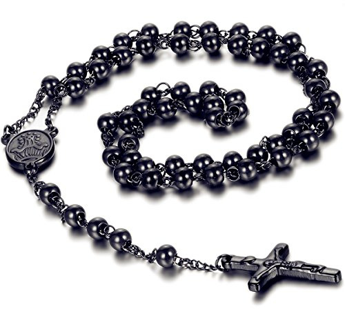 Flongo Rosenkranz Männer Kette Frauen Halskette aus Edelstahl mit Jesus Kreuz Anhänger Kugelkette Silber Schwarz Rose Gold